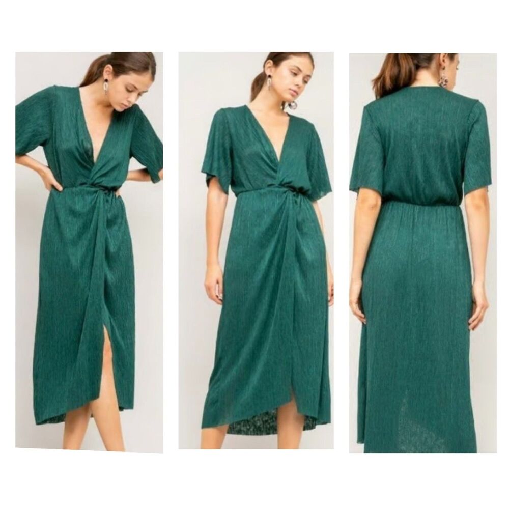 NWT SZ M NORDSTROM All in Favor Dolman Plissé Midi Dress in Green Bug Color
